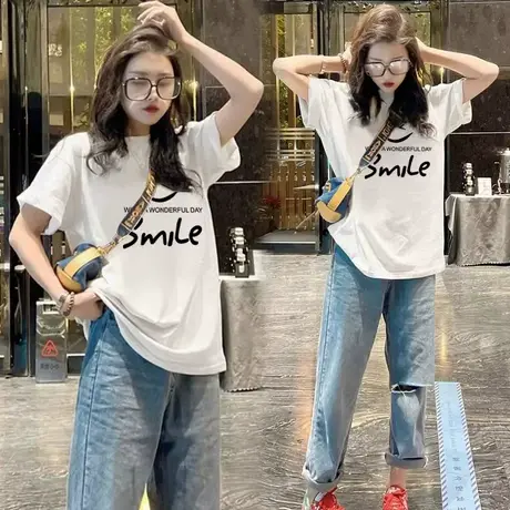 潮牌杏色纯棉宽松短袖T恤女2023年夏新款欧货大版中长款百搭上衣商品大图