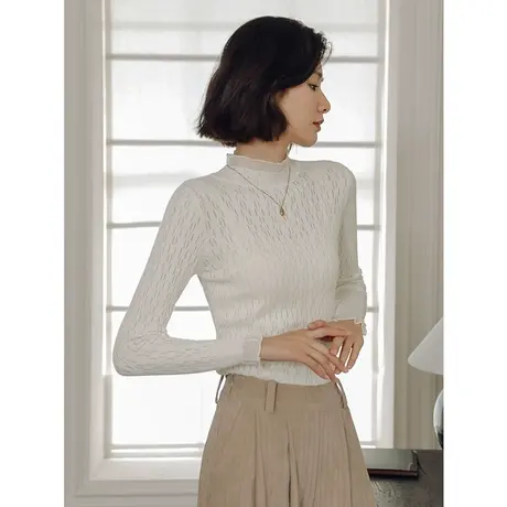弥古白色法式网纱蕾丝打底衫半高领内搭长袖修身针织女上衣春秋季商品大图