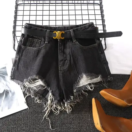 2022春夏新款灰色毛边破洞牛仔短裤女高腰显瘦a字阔腿裤韩范靴裤图片