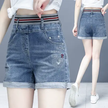 卷边牛仔裤短裤女2023年秋季新款时尚松紧高腰A字阔腿裤宽松热裤商品大图