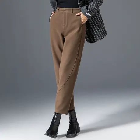 咖啡色毛呢裤女秋冬2023新款妈妈裤子休闲九分萝卜裤老爹裤哈伦裤商品大图