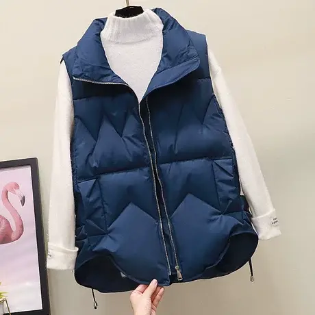 2023新款韩国显瘦纯色立领前短后长加厚羽绒棉马夹女冬季坎肩外套商品大图