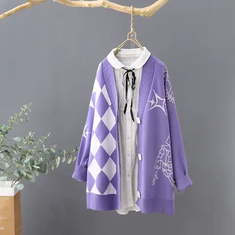 秋冬新款小香风菱形拼接中长款V领针织开衫女长袖宽松外套毛衣潮图片