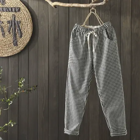 枫谜2019年春夏新款文艺简约格子棉麻休闲裤女宽松显瘦小脚哈伦裤图片