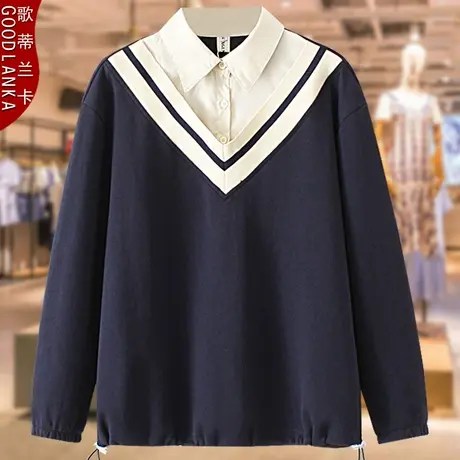 加肥加大码卫衣女宽松200斤洋气时尚2022新款中年妈妈衬衫领上衣图片
