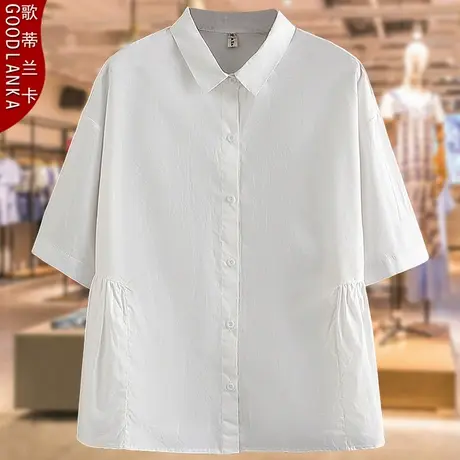 中年胖妈妈夏装纯棉衬衣大码上衣宽松时尚休闲拼接女士五分袖衬衫商品大图