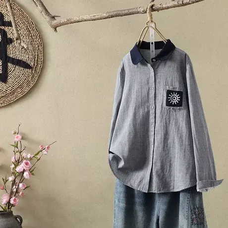 文艺复古拼色刺绣格子双层棉纱衬衫女春秋装宽松百搭打底衬衣上衣商品大图