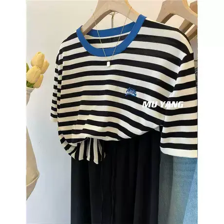 三色入！韩系ins 撞色条纹刺绣字母细羊毛短袖针织衫百搭洋气上衣图片