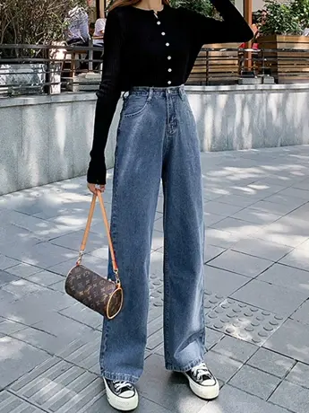 清仓捡漏休闲阔腿牛仔裤女宽松2023新款高腰显瘦垂感直筒拖地裤商品大图