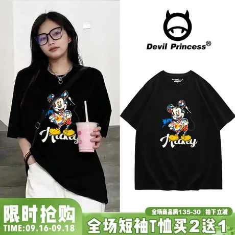 港风小众卡通ins风黑色T恤女oversize美式宽松正肩百搭半袖上衣潮图片