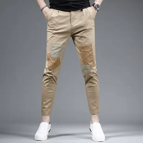潮牌卡其色裤子男休闲裤夏季薄款潮流补丁修身小脚男士裤子9分裤商品大图