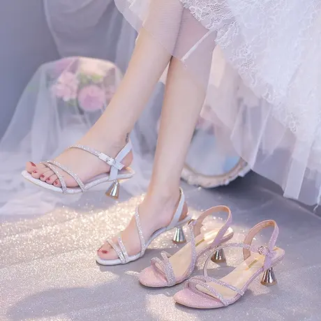 一字带凉鞋女细跟2023夏季新款露趾百搭时尚仙女风水钻高跟鞋女鞋商品大图