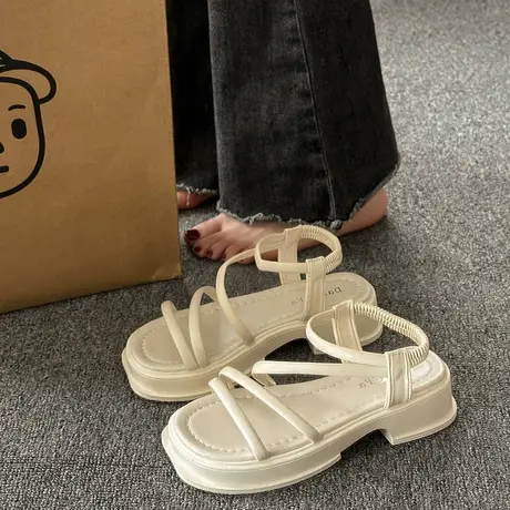 仙女风凉鞋女配裙子2023年春夏季新款沙滩运动厚底一字扣带罗马鞋商品大图