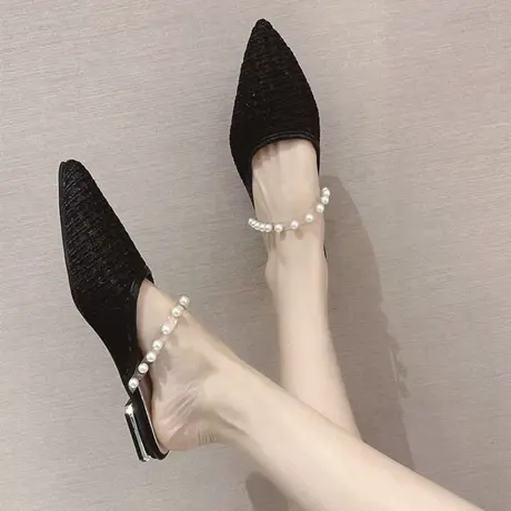 欧美包头半拖鞋女2023夏季新款网红尖头透气珍珠宴会凉拖百搭时尚商品大图