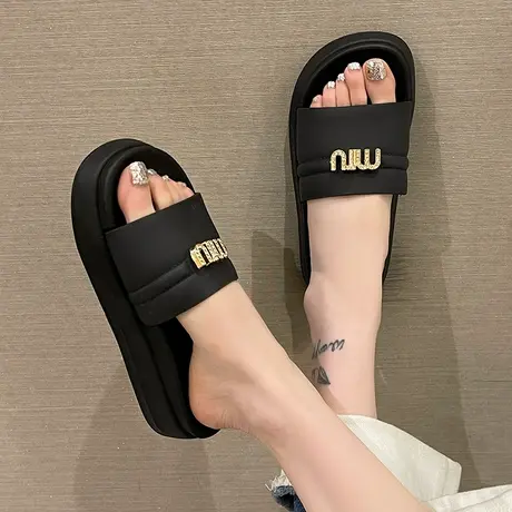 时尚字母水钻一字拖女夏天外穿踩屎感eva厚底增高沙滩防滑凉拖鞋商品大图
