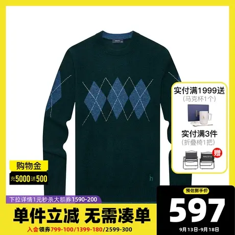 Hazzys哈吉斯官方冬季新款男士圆领套头毛衣韩版针织衫男休闲男装图片