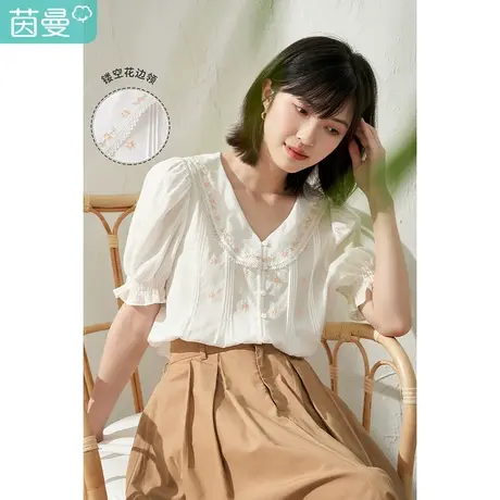【商场同款】茵曼刺绣法式翻领衬衫女2023夏季新款花苞袖气质衬衣图片