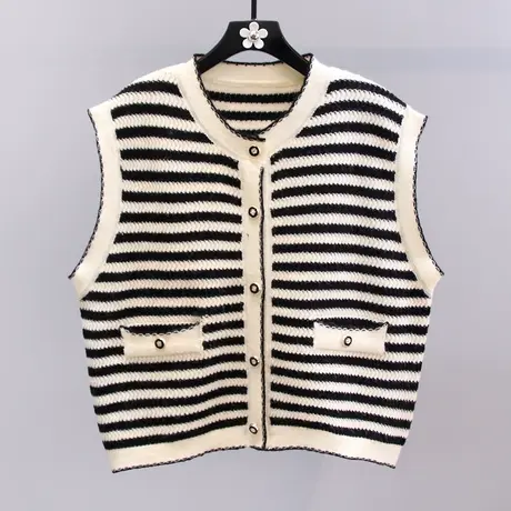 小香风条纹针织开衫马甲女秋季2023新款宽松学院风无袖毛衣背心图片