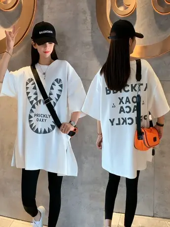 夏季新款卡通字母印花宽松大码大版遮肉韩版中长款休闲短袖T恤女商品大图