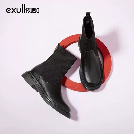 依思q2023秋冬季短靴瘦瘦靴女百搭复古粗跟时尚休闲弹力袜图片