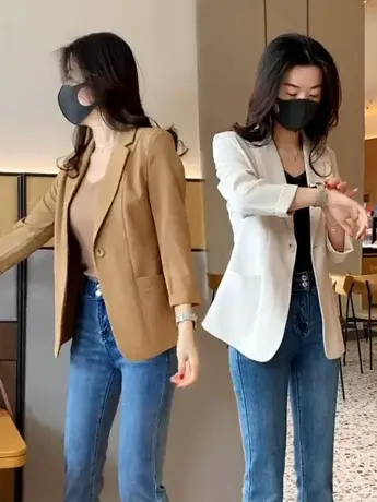 米白色西装外套女春秋薄款2023夏季新款高级感修身休闲小个子西服商品大图