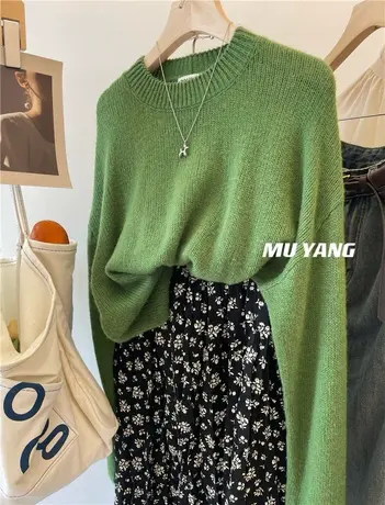 悠里知花！软fufu 基础彩色调慵懒风羊毛套头毛衣宽松女百搭上衣商品大图