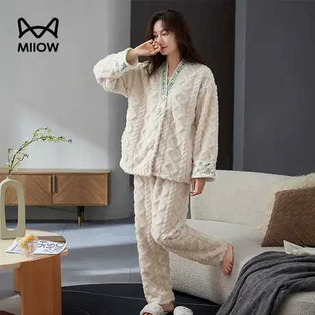 猫人秋冬开衫V领珊瑚绒加绒加厚睡衣甜美清新舒适柔软保暖家居服图片