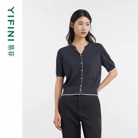[专柜同款]Yifini/易菲天丝羊毛凉感V领针织开衫短款外套Y04T1101商品大图