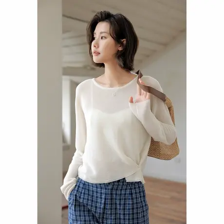 弥古白色亚麻针织衫薄款2025夏季长袖冰丝防晒罩衫女宽松微透上衣商品大图