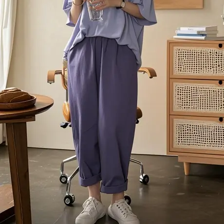 大码女装2025年新款法式复古松紧腰宽松显瘦休闲裤夏百搭哈伦裤图片