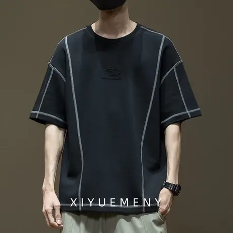 潮牌缉明线撞色短袖T恤男士2025夏季新款宽松加大加肥半袖体恤衫商品大图
