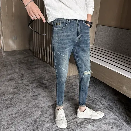 2023秋冬新品潮牌高街破洞蓝色牛仔裤男韩版修身刺绣小脚裤长裤潮商品大图