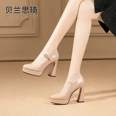 真漆皮一字带圆头厚底粗跟单鞋女2025春秋模特走秀防水台高跟鞋图片