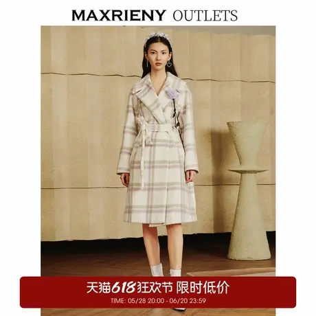 【奥莱】MAXRIENY格纹复古简约大衣宽松毛呢外套长款女图片