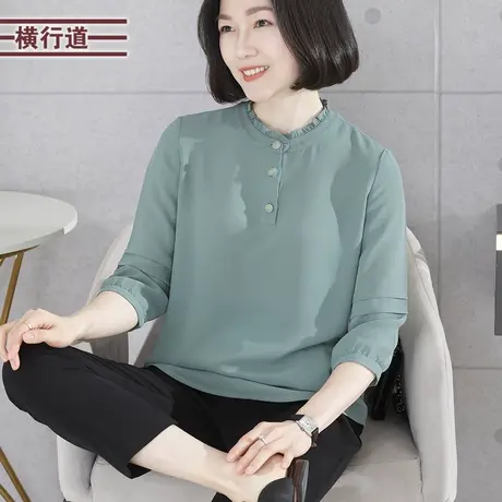 韩版简约立领宽松雪纺小衫中袖上衣服五分袖2023秋季新款大码女装图片
