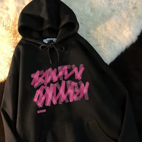 字母连帽卫衣2022新款女大码春秋oversize小众高街潮ins黑色上衣图片