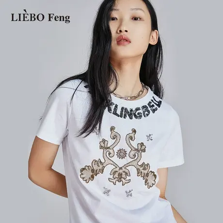 裂帛LIEBOFeng小众设计感复古钉珠刺绣圆领简约百搭白色短袖T恤女商品大图