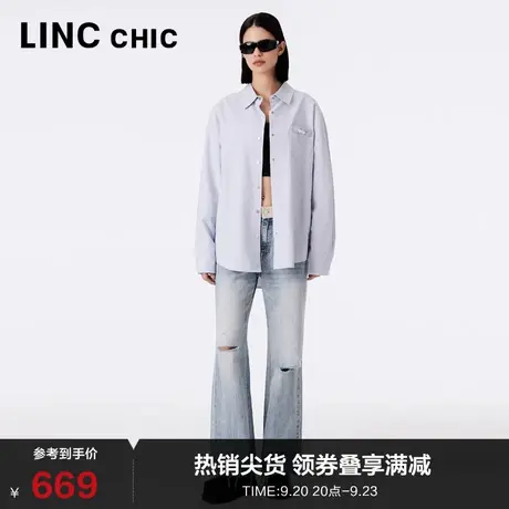 LINCCHIC金羽杰裤子女新款复古中腰阔脚裤直筒牛仔裤女S233JE470Y图片