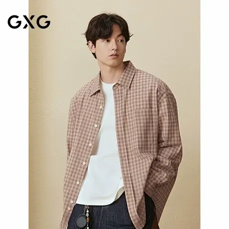 GXG男装 三文鱼色长袖衬衫通勤休闲衬衣格纹薄外套 2025秋季新品图片