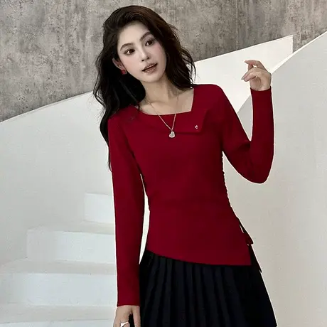拉夏贝尔秋季时尚百搭简约T恤女2025新款洋气减龄显瘦打底衫上衣商品大图