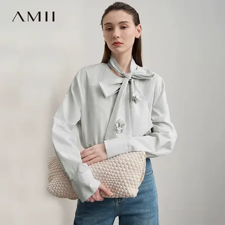 Amii2025秋新款极简全棉条纹宽松中长半高领钉花连领领带衬衫女图片