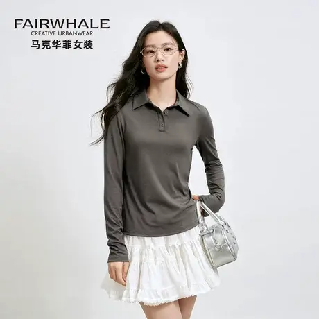 马克华菲蚕丝翻领长袖T恤女2025新款宽松纯色简约百搭打底衫上衣商品大图