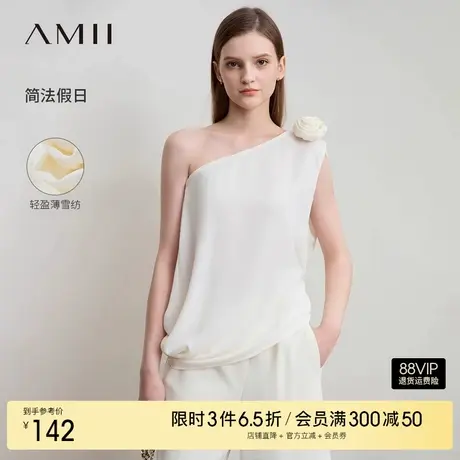 Amii2025夏新款极简纯色轻奢雪纺梭织宽松露肩斜领立体花雪纺衫商品大图
