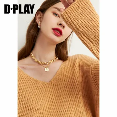 DPLAY德帕拉秋冬新款茶色慵懒V领宽松软糯套头针织衫前短后长毛衣图片