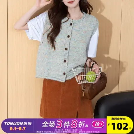 唐狮2025秋冬毛衣女韩系卷边设计圆领开衫马甲外穿高级感百搭上衣商品大图