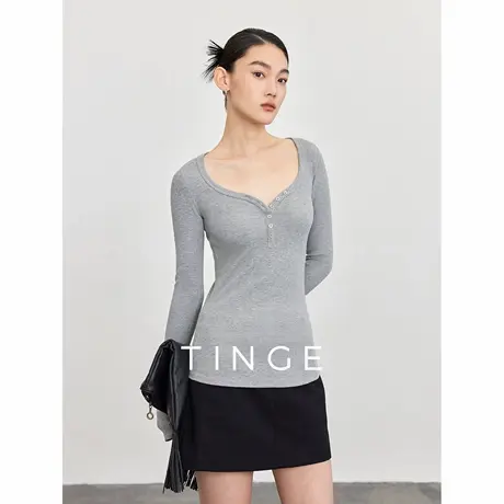 TINGE贴己美式复古V领长袖T恤女春秋新款秋装内搭上衣打底衫商品大图