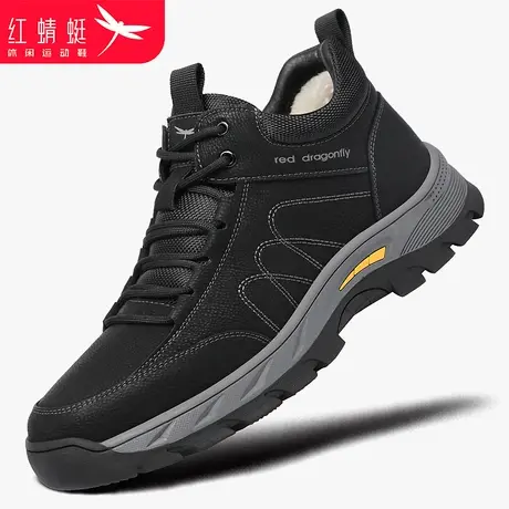 红蜻蜓男鞋秋冬鞋子中老年皮面登山运动鞋男爸爸真皮加绒保暖棉鞋商品大图