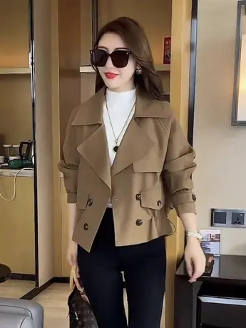 短款风衣女士2023春秋冬季新款小个子高级感气质上衣双排扣外套图片