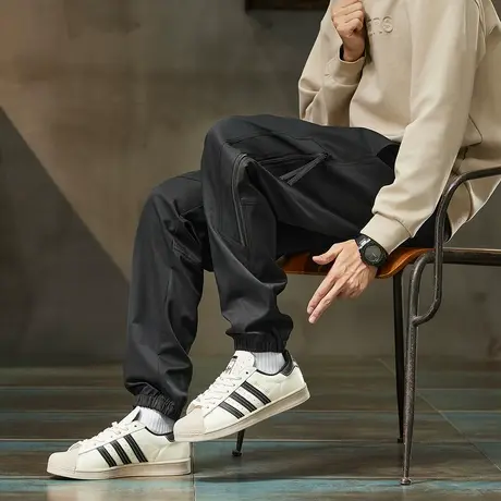 唐狮秋季新款休闲裤时尚抽绳工装男士尼龙束脚裤黑色潮流通勤TMTA商品大图