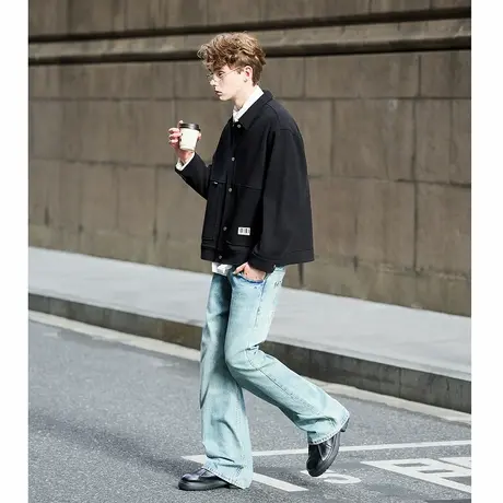 唐狮秋冬季毛呢外套男翻领肌理面料短款黑色帅气潮流秋季穿搭TMTA商品大图